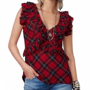 Ralph Lauren Denim & Supply Y2K Babydoll tank top Plaid Red Ruffled Grungy sz M